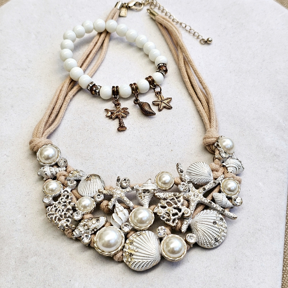 SET Beach Seashell Bib Necklace & Vintage Milk Glass Bead Seashell BRACELET SET!